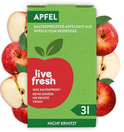 LiveFresh Apfelsaft Kaltgepresst¹ - 3 Liter | Apfel Direktsaft ohne Zusätze | In Deutschland hergestellt | Durch Hochdruck haltbar gemacht | Kühl geliefert