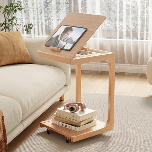 AQIMUELE Beistelltisch Holz, Sofatisch mit Rollen, C-Form, Mobiler Kaffeetisch, 40B x 40T x 63H cm, für Kaffee und Laptop (Holzfarbe)