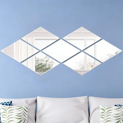 DWUENT 12 Pack Self Adhesive Diamond Mirror Tiles, 12x8cm Acrylic, Strong Adhesive Bathroom Wall Mirrors for Living Room Garden Home Decor,Large Mirrors for DIY Art Home Wall Decor
