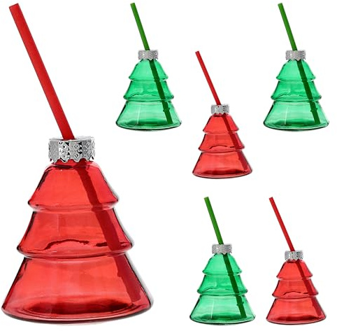 Cepewa Trinkglas Weihnachtsbaum 6er Set | Füllmenge 300ml cm Glas 10x11cm grün rot Metall Kunststoff | Glas mit Deckel und Trinkhalm (1x 6er Set Weihnachtsbaum)