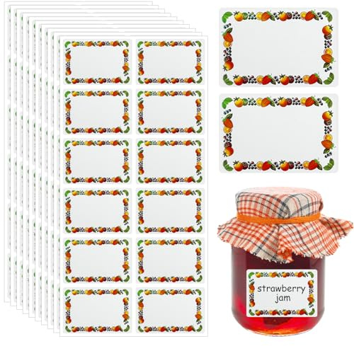 xiluuyou 120 Pieces Jam Labels for Jars, Easy Peel Off Adhesive Labels, White with Fruit Border Design, 67 x 45MM，Easy Write Surface for Jar, Pantry, Container, Kitchen Organisation