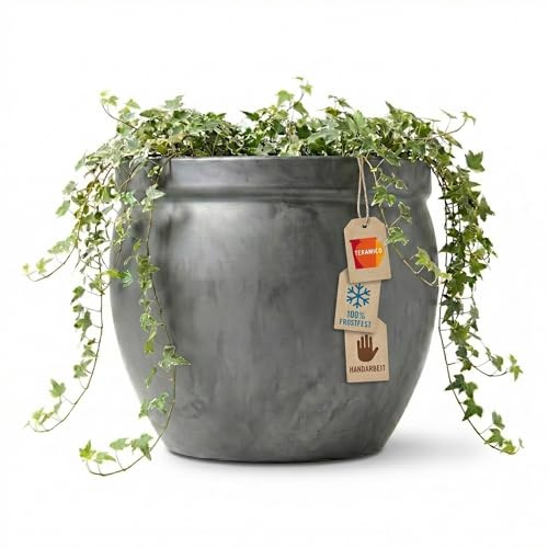 Teramico Premium Keramik Pflanzkübel Garten (Anthrazit, 29cm x 23cm) | Massiv gearbeitet und absolut frostfest. Von Hand gefertigtes Pflanzgefäß mit Abwasserloch für Garten und Terrasse.
