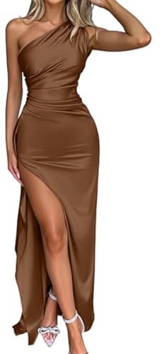 OQQ Women One Shoulder Dress with Ruching High Slit Maxi Dress for Prom & Formal Party Elegant Evening Gown Brown