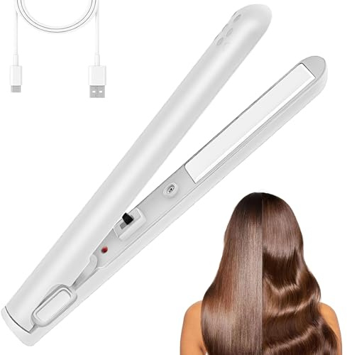 2-in-1 Mini Curling Iron & Straightener, Portable Dual Purpose Curling & Flat, USB Plug-in Small Ceramic Iron for All Hair Types (White)