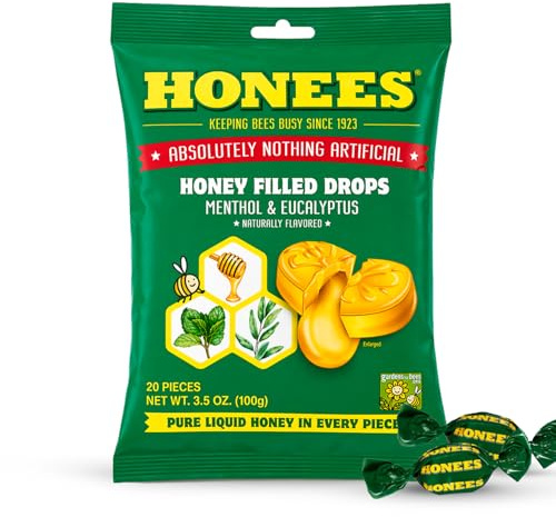 Honees Honey Menthol Cough Drops - 20-Piece, Single Pack Honey-Filled Lozenges | Temporary Relief from Cough | Soothes Sore Throat | All Natural