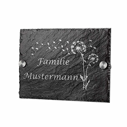 polar-effekt Schiefertafel Türschild mit Gravur, personalisiertes Hausschild mit Abstandshalter als Geschenk zum Einzug, Motiv: Pusteblume, 20x14cm