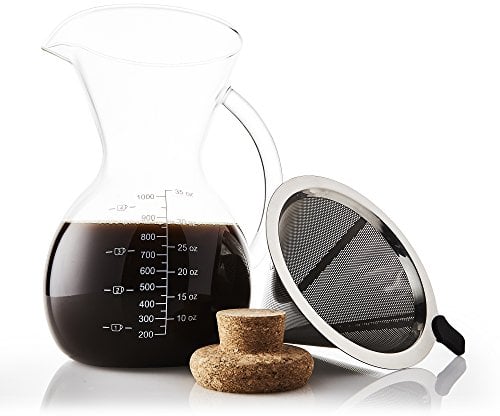 Apace Living Cafetera De Goteo Pour Over Filtro, Tapón De Corcho Y Cuchara Medidora - Elegante Cafetera Manual Con Jarra De Vidrio y Filtro De Acero Inoxidable (1000 ML)