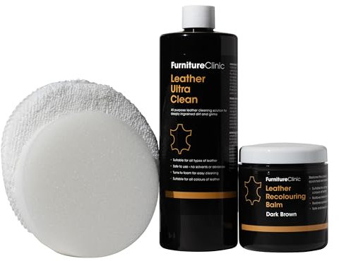 Furniture Clinic Kit de Restauration Facile du Cuir (Marron Moyen). Comprend Un baume recolorant, Un Nettoyage Ultra Propre, Une éponge et Un Chiffon pour Meubles, sièges d'auto, Chaussures et Sacs