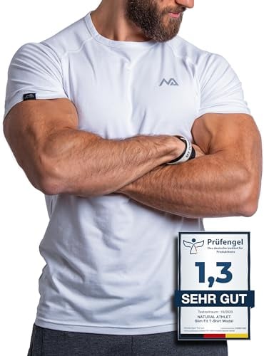 Herren Fitness T-Shirt modal - Männer Kurzarm Shirt für Gym & Training - Passform Slim-Fit, lang mit Rundhals, Weiß, M