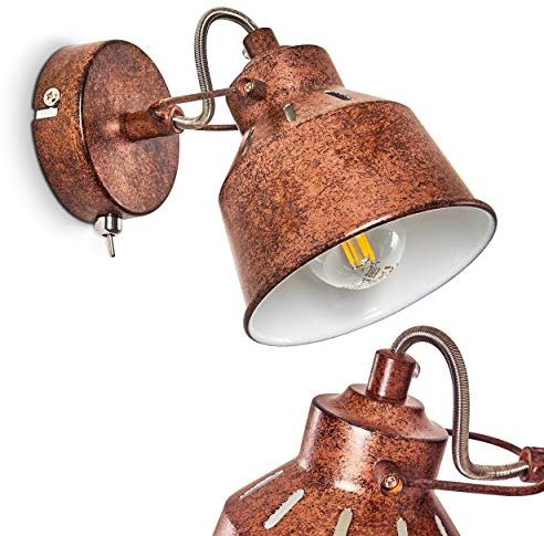 Wandleuchte Safari, verstellbare Wandlampe aus Metall in Rostbraun/Weiß, 1-flammig, 1 x E14-Fassung, Wandspot im Retro/Vintage Design, ohne Leuchtmittel