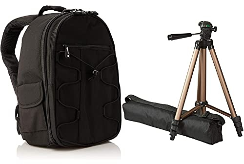 Amazon Basics DSLR-Kamerarucksack für Spiegelreflexkameras und Zubehör schwarz & Leichtes Kamera-Dreibeinstativ mit Tasche, 41,91–127 cm