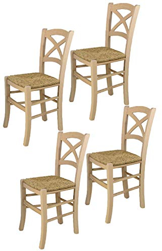 t m c s Tommychairs - 4er Set Stühle Cross für Küche und Esszimmer, robuste Struktur aus poliertem Buchenholz, unbehandelt und 100% natürlich, Sitzfläche aus echtem Stroh