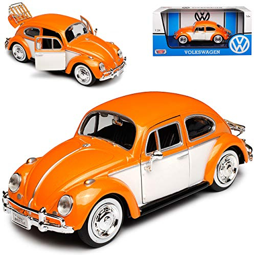 Motormax Volkwagen Käfer Coupe Coupe Orange mit Beige und Kofferhalter 1/24 Modell Auto