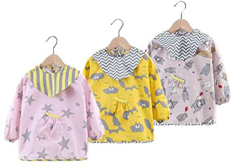 NOVAGO Lot de 3 Tabliers à Manches Longues+3 Bavoirs,Tablier de Repas,de Jeu,de Peinture pour Les Enfants de 12 à 36 Mois (Multicolore n°6)