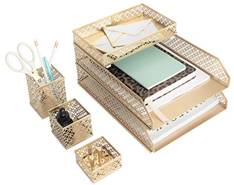 Blu Monaco Bürobedarf Gold Schreibtischzubehör für Frauen - 6-teiliges, ineinandergreifendes, stilvolles Schreibtisch-Organizer-Set - Stiftbecher, 3 Zubehörfächer, 2 Brieffächer