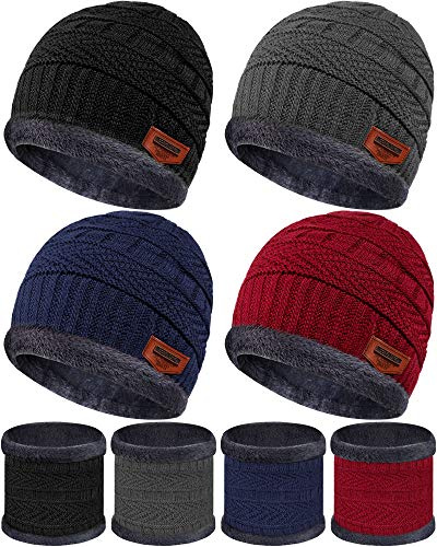 Syhood 4 Sets Kids Winter Hat and Scarf Set Warm Fleece Lining Beanie Hats Knitted Cap Scarf for 5-14 Years Boys Girls(Blue, Black, Red, Gray)