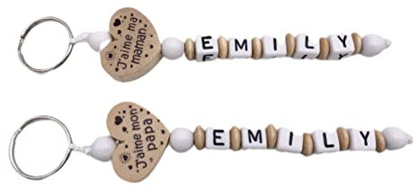 2 Porte clefs personnalisé1 prénom en perles de bois fille garçon j'aime ma maman j'aime mon papa nature