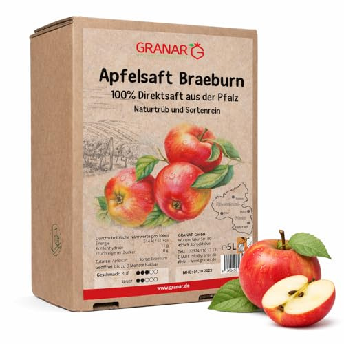 2 x 5 Liter-Box Apfel Direktsaft Braeburn aus der Pfalz, 100% Apfelsaft, vegan und ohne Zusätze - 2 x 5-Liter Boxen