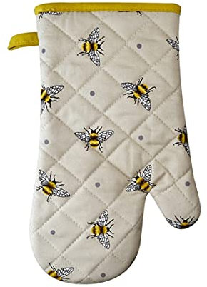 Single Oven Gloves Gauntlet Cooking Pot Holder Heat Resistant Mitt Mittens Kitchen BBQ Cooking (Bee Social)
