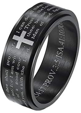 HIJONES Herren Edelstahl BibelVers Lords Prayer Kreuz Gott Ring 3 Farben drehbar Schwarz/Gold/Silber