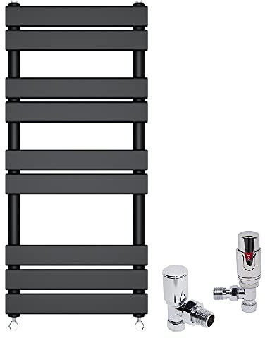 Warmehaus Minimalist Heated Towel Rail Radiator Ladder Flat Panel Black 1000 x 450mm Central Heating Radiators for Bathroom Kitchen - with Angled TRV Thermostatic Radiator Valve Set