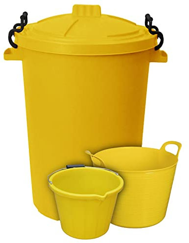 M1SS (Set of 3) 50L Litre Heavy Duty Clip Lock Lid Rubbish Bin, Dustbin /3 Gallon 14 Plasters Builder Bucket and 20 Flexible Plastic Storage Container Tub Trugs Horse Feeder (yellow)