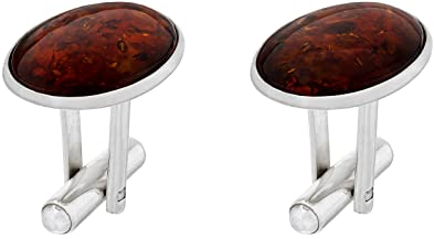 AMBEDORA Herren Sterling-Silber 925 Manschettenknöpfe mit Bernstein, Moderne Ovale Form, Naturbernstein in der Farbe Cognac, Geschenkset