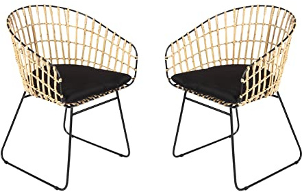 SAM 2er Set Rattanstuhl Lima, Farbe Natur, inklusive Sitzkissen | Korbstuhl mit Metallrahmen, Geflechtstuhl/Eisenstuhl im Retro-Design, Esszimmerstuhl mit Armlehnen