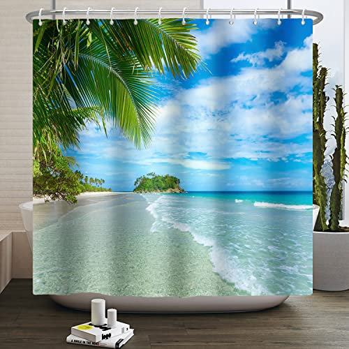 SDOTPMT 90x180cm Douche Plage océanique Bleu Ciel Tropical Soleil Sable mer Vagues Arbres Rideau de Bain Belle scène de Bord de mer Tissu Polyester imperméable Rideau de Salle de Bains avec Crochets