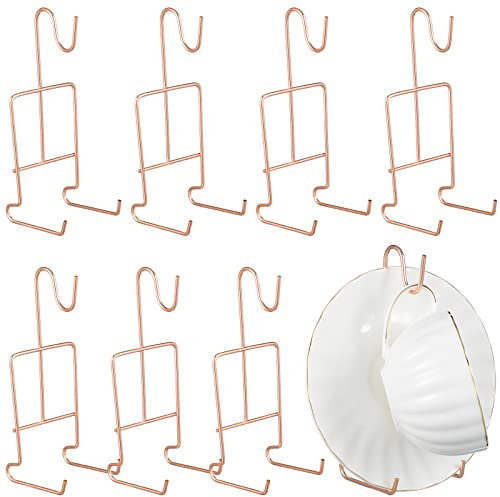 Vesici 8 Pcs Tea Cup and Saucer Display Stand Metal China Teacup Holder Rack Saucer Organizer Coffee Mug Hanger Stand Tray for Afternoon Tea Party Cabinet Counter Bar(6.22 x 2.44 Inch,Rose Gold)
