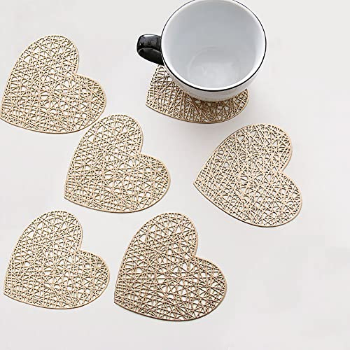 SCF2017 Lot de 6 dessous de verre en PVC en forme de cœur pour dessous de verre - Doré