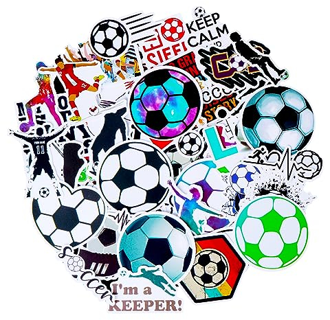 TIESOME Waterproof Soccer Stickers, Vinyl Football Sports Decals Water Bottle Stickers AestheticTrendy Sticker Soccer Gifts for Laptop Computer Scrapbooking (50Pcs)