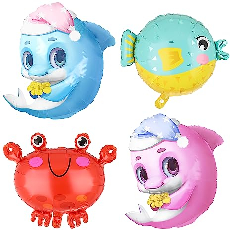 4 Stück Meerestier Delfine Folienballon Süßer Delfin Blau Rosa Krabbe Kugelfisch Dolphin Helium Foil Luftballon Delphin Ozean Thema Delfin Geburtstag Party Deko