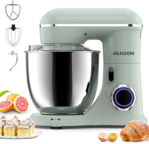AILESSOM Profi 3-IN-1 Küchenmaschine, Knetmaschine mit 6.5QT Schüssel, Geräuscharme Rührmaschine, 3 Rühraufsätze und Spritzschutz,11 Geschwindigkeit(660W)