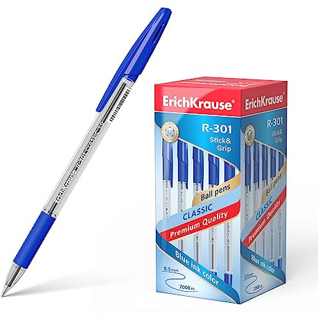 Erich Krause Kugelschreiber 0,5mm 50er Pack Blau - einfaches und weiches Schreiben - schlanke Form & transparent - Kullis & Schreibtischzubehör - mit Gummigriff - R-301 Classic
