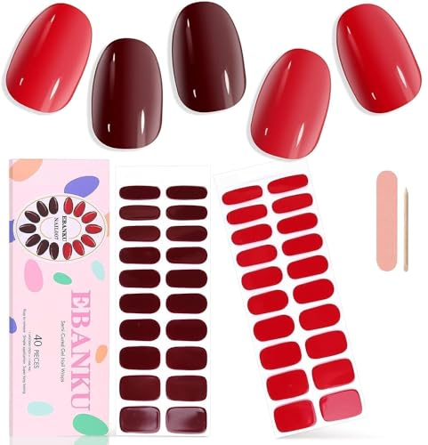 EBANKU 40 PCS Gel Nail Strips, Gel Nail Strips Full Wraps Adhesive Gel Nail Stickers with Nail File and Stick(UV/LED Lamp Required) (1)