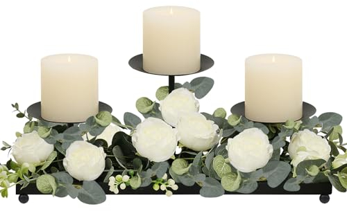 HofferRuffer Candelabra Fireplace Candle Holder for Pillar Candles, 3 Candle Stands, Black Metal Candle Plate for Christmas Wedding Table Centerpiece Floor Fireplace Decoration