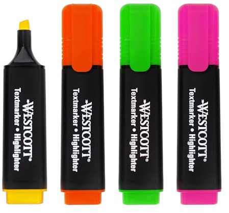 Westcott evidenziatori 4 pezzi in verde, giallo, arancione, rosa | confezione da 4 evidenziatori in colori vivaci | larghezza linea 2-5 mm | inchiostro premium dalla Germania | E-744249 00