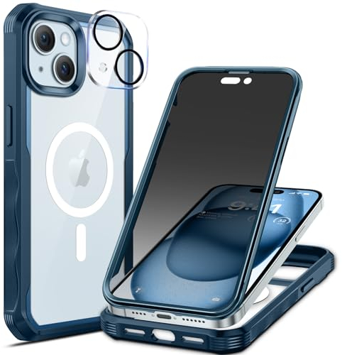 seacosmo Anti Espion Coque pour iPhone 15+ Plus Magnétique Compatible avec MagSafe, Anti Peeping Antichoc Housse avec Protection écran Verre Trempé Privacy + Protecteur Caméra [HD 9H Dureté] - Bleu