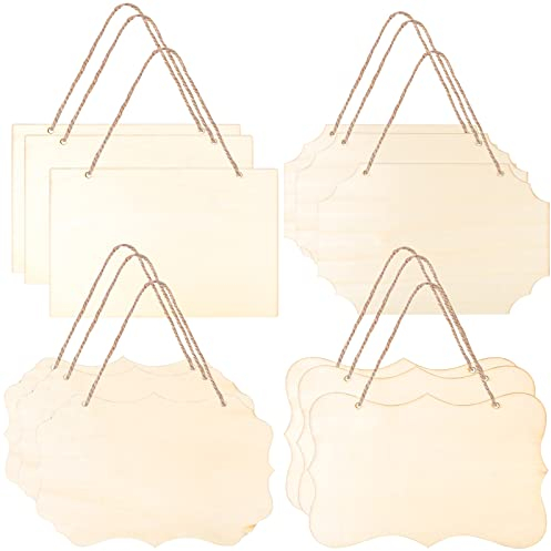 Cozlly 12 Pcs Panneaux en Bois Inachevés, Panneaux en Bois Non Peints, Rectangulaire Planche de Bois, Panneaux en Bois Vierges avec 2 Trous et Corde de Jute, pour Pyrogravure, Peinture, Écriture