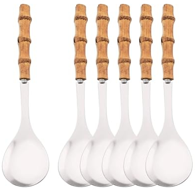 Juego de vajilla con mango de bambú for ensalada, cuchara, tenedor, utensilios de cocina de acero inoxidable, vajilla dorada, herramientas de restaurante, 6 uds. (Color : Silver Service Spoon)