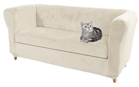 SYLC Samt Stretch Chesterfield Sofabezüge Couch Abdeckung Mit Sitzkissenbezug Sofa Überwürfe Geschwungene Settee Vintage Anti-Rutsch (Beige,Loveseat+1 pc 2-Seat)