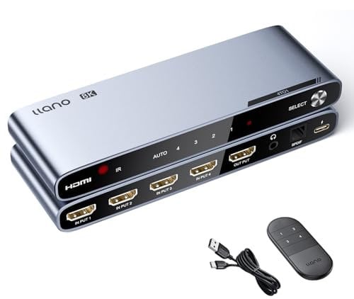 llano Commutateur HDMI 2.1 4K @ 120 Hz avec extracteur audio (optique et sortie 3,5 mm, SPDIF 7,1 Ch, haute vitesse 48 Gbit/s), convertisseur audio HDMI 4 en 1 compatible avec PS4/PS5, Xbox Roku (gris