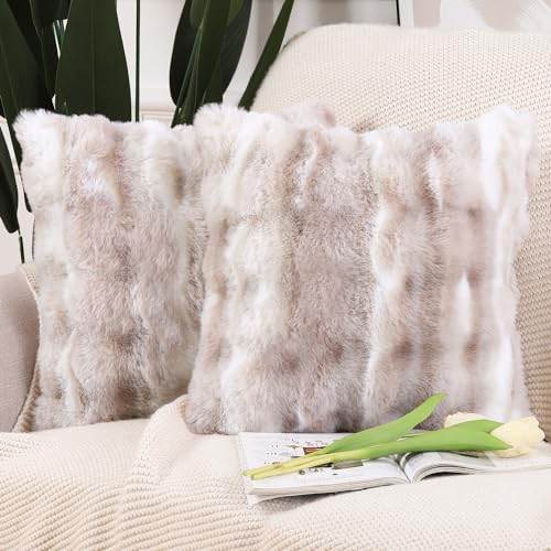 Madizz 2er Set Sanft Plüsch Kurze Wolle Samt Dekorativ Zierkissenbezüge Luxus Stil Kissenbezug für Sofa für Schlafzimmer Weiß Taupe 40x40 cm