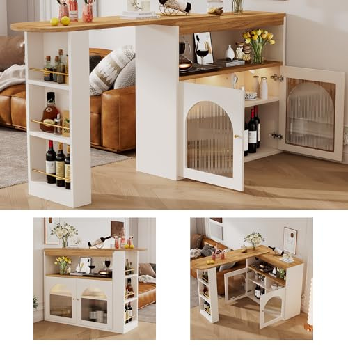 DRIXNO Moderner ausziehbarer Bartisch,Ausziehbarer Esstisch mit Stauraum, Stehtisch Bistrotisch, drehbar, Mit 1m langem LED Lichtstreifen(Einstellbare Lichtfarbe),Weiß 138-193X39X105CM