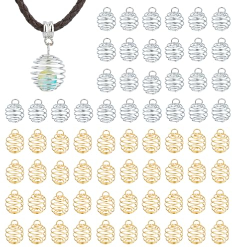 DICOSMETIC 120Pcs Bead Cage Charms 2 Colors Iron Crystal Stone Holder Necklace Cage Charms Spiral Round Wire Pendants for Jewelry Making, Hole: 3mm