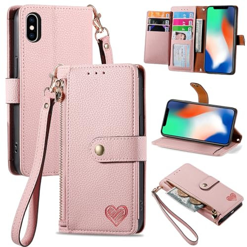 VEEMOS Zipper Wallet Case for Apple iPhone XS Max Phone Case with Purse Card Holders RFID Blocking Leather Flip Case Book Cover Wrist Strap Women - Pink
