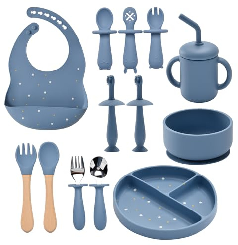 Baby Weaning Set, 13PCS Silicone Feeding Set with Suction Plate, Bowl, Spoons & Forks,Bib, Sippy Cup,Toothbrush,Baby Weaning Essentials(Lake Blue)