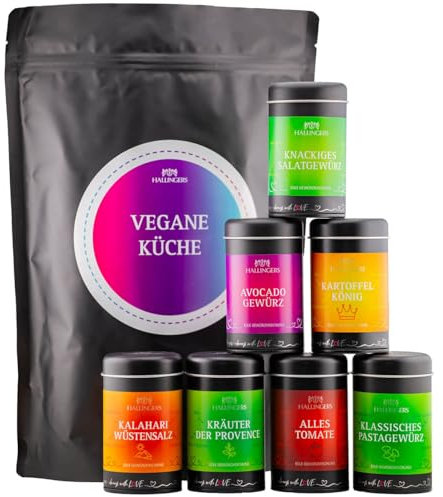 Hallingers Genuss ManufakturWundertüte XXL Gourmet Gewürze Geschenkset mit 7 Aromadosen - Gewürzmischungen für vegane Gericht - Made in Germany