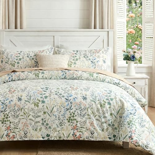 Cozaline Bettbezug-Set für King-Size-Bett, 100 % Baumwolle, mit grünem Blumenmuster, atmungsaktiv, Bettbezug mit Reißverschluss und Eckbändern, 3-teilig, grünes duftendes Gras